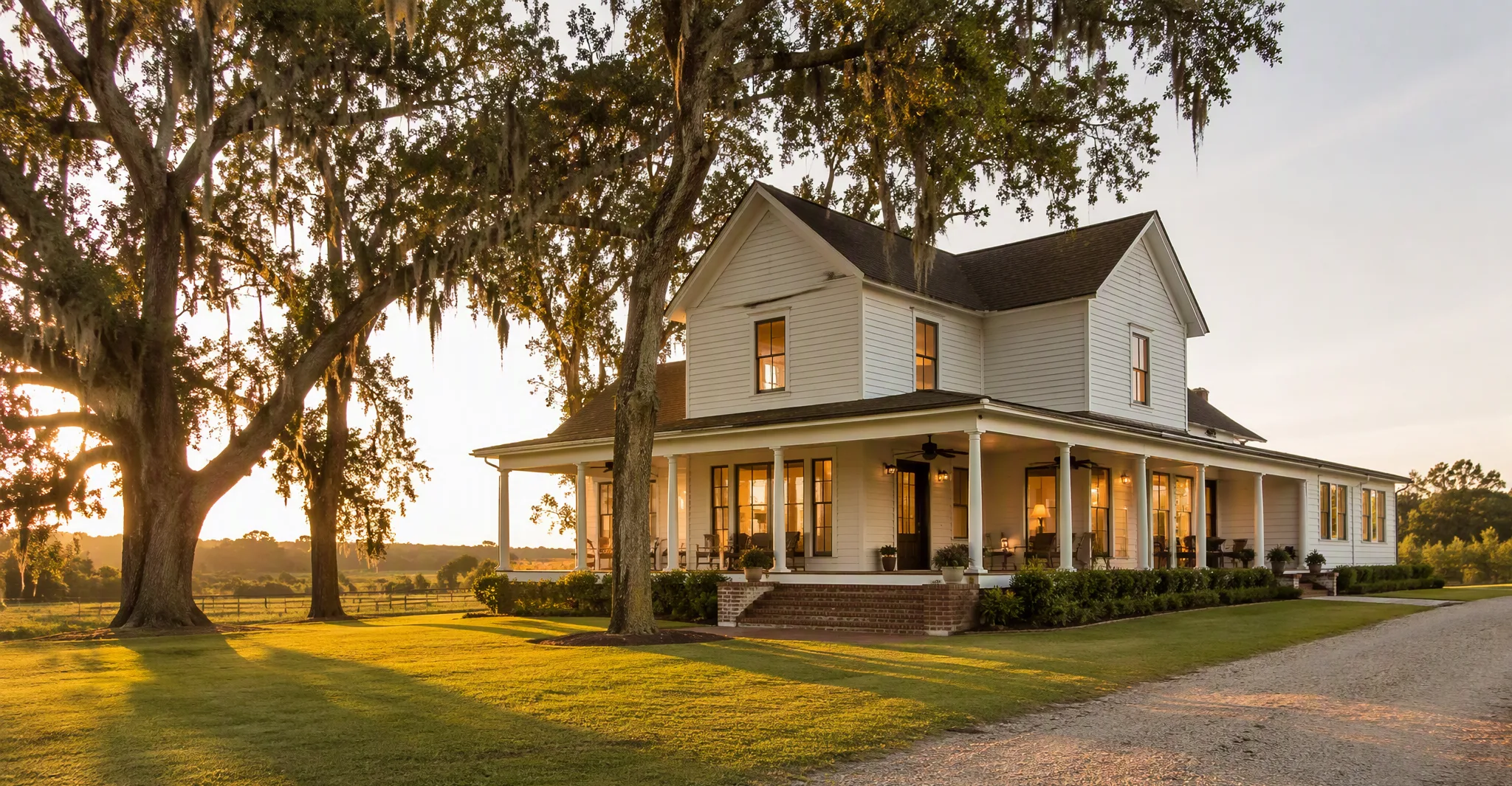 Golden-hour white farmhouse with wraparound porch in rural Oxford, Mississippi
